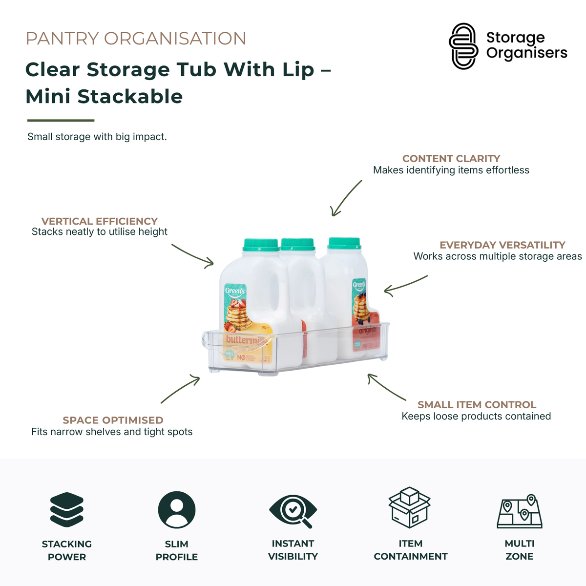 Mini stackable clear storage tub with lip designed for pantry organisation, fridge storage and household essentials. Compact transparent storage container maximises shelf space, keeps small items contained and provides instant visibility of contents for easy identification. Versatile stackable organiser ideal for snacks, condiments, packets, toiletries and everyday items while maintaining a neat, clutter-free storage system.