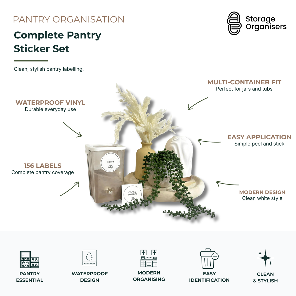 Complete pantry sticker set with 156 waterproof round labels for clear jars, containers, tubs, and modern pantry organisation systems