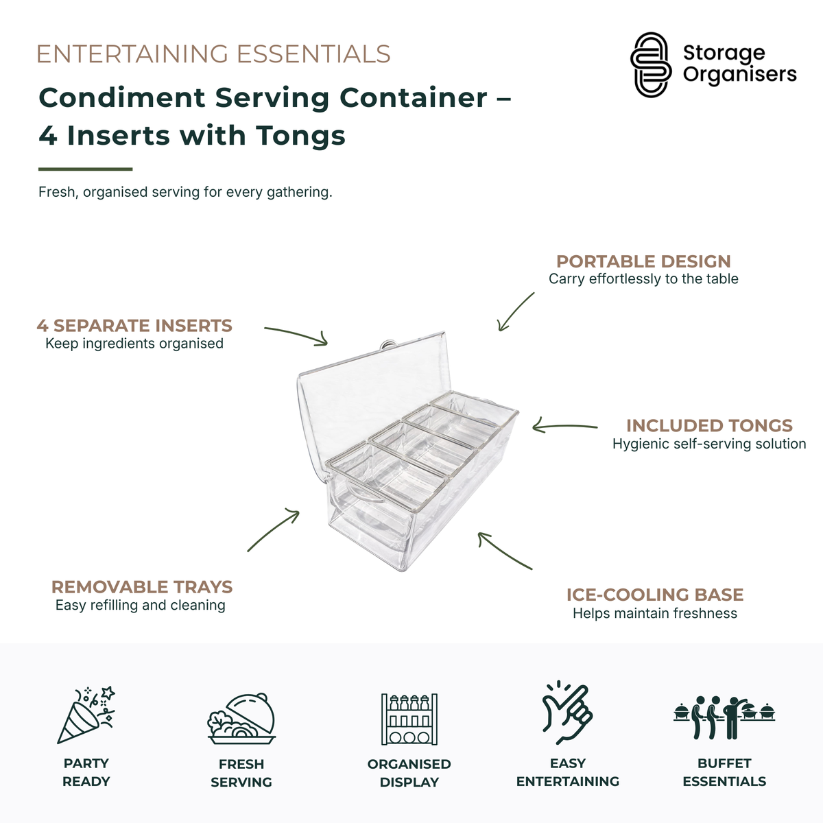 Condiment serving container with 4 removable inserts, serving tongs, and ice-cooling base for keeping ingredients fresh. Ideal for entertaining, buffets, parties, BBQs, taco bars, salad bars, and self-serve dining. Features a portable design, organised compartment storage, easy cleaning, and hygienic food serving for condiments, toppings, fruits, vegetables, and snacks.