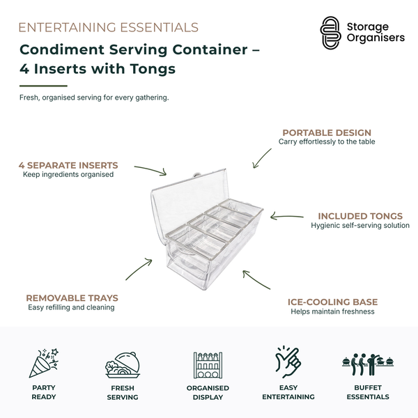 Condiment serving container with 4 removable inserts, serving tongs, and ice-cooling base for keeping ingredients fresh. Ideal for entertaining, buffets, parties, BBQs, taco bars, salad bars, and self-serve dining. Features a portable design, organised compartment storage, easy cleaning, and hygienic food serving for condiments, toppings, fruits, vegetables, and snacks.