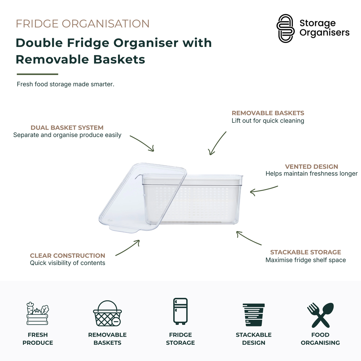 Double fridge organiser with removable baskets for fresh produce storage and refrigerator organisation. Clear food storage container features a dual basket system, vented design for improved airflow, stackable construction, and removable inserts for easy cleaning. Ideal for storing fruits, vegetables, herbs, snacks, and meal-prep ingredients while maximising fridge shelf space and keeping food fresh for longer.