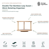 Double-tier bamboo lazy Susan rotating organiser with 360-degree swivel design for kitchens, pantries, bathrooms, and laundries. Natural bamboo storage turntable maximises vertical space, improves accessibility, and keeps condiments, spices, toiletries, and household essentials neatly organised.