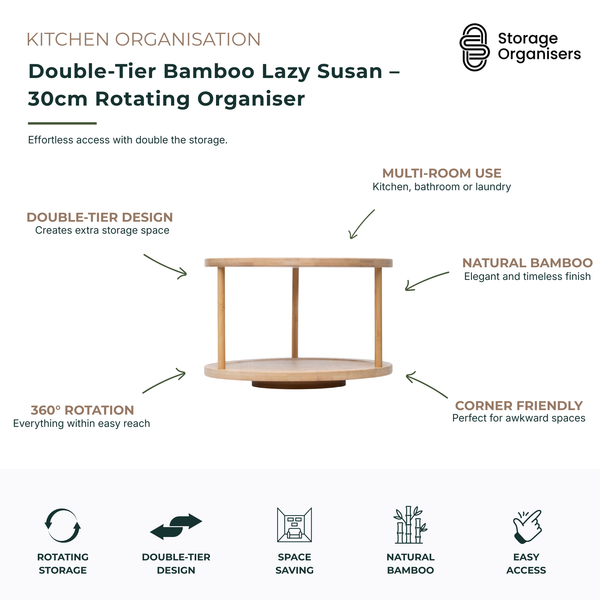 Double-tier bamboo lazy Susan rotating organiser with 360-degree swivel design for kitchens, pantries, bathrooms, and laundries. Natural bamboo storage turntable maximises vertical space, improves accessibility, and keeps condiments, spices, toiletries, and household essentials neatly organised.