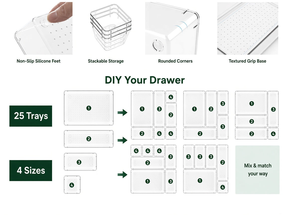 Drawer organiser features: non-slip silicone feet, stackable, rounded corners, textured grip base, with mix and match drawer layouts