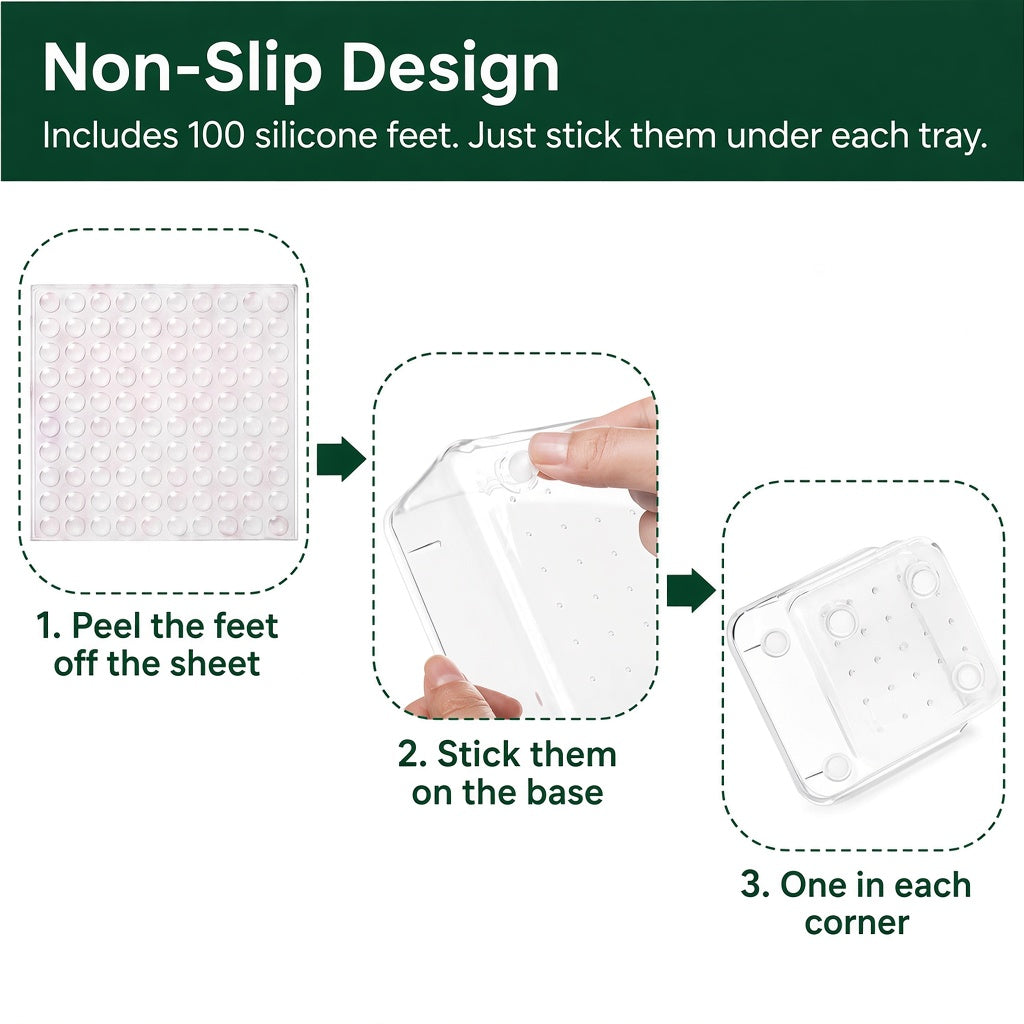 Includes 100 silicone non-slip feet: peel, stick on the base, one in each corner