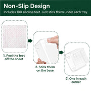 Includes 100 silicone non-slip feet: peel, stick on the base, one in each corner