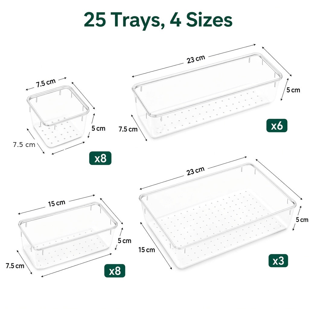 Drawer organiser tray sizes: 8 x 7.5x7.5cm, 8 x 15x7.5cm, 6 x 23x7.5cm, 3 x 23x15cm