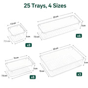 Drawer organiser tray sizes: 8 x 7.5x7.5cm, 8 x 15x7.5cm, 6 x 23x7.5cm, 3 x 23x15cm