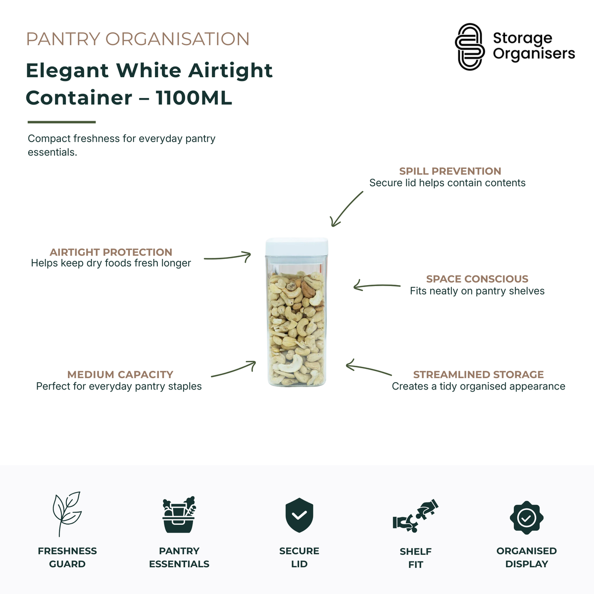 Elegant white 1100ml airtight food storage container with transparent body and secure locking lid, designed for organised pantry storage and food freshness. Medium-capacity stackable container is ideal for nuts, grains, cereals, snacks, pasta and everyday pantry staples while allowing quick identification of contents. Space-efficient rectangular design maximises shelf organisation, prevents spills, maintains freshness and creates a clean modern pantry aesthetic.