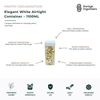 Elegant white 1100ml airtight food storage container with transparent body and secure locking lid, designed for organised pantry storage and food freshness. Medium-capacity stackable container is ideal for nuts, grains, cereals, snacks, pasta and everyday pantry staples while allowing quick identification of contents. Space-efficient rectangular design maximises shelf organisation, prevents spills, maintains freshness and creates a clean modern pantry aesthetic.