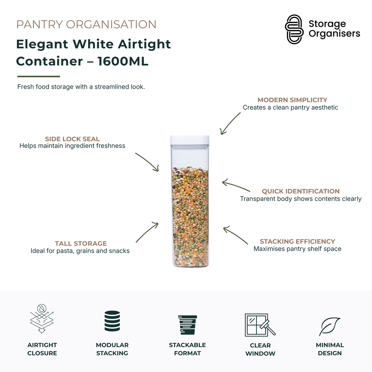 Elegant white 1600ml airtight food storage container with transparent body and secure side-lock sealing system, designed for modern pantry organisation. Tall stackable container keeps pasta, rice, grains, cereals, snacks and dry ingredients fresh while allowing easy identification of contents. Space-saving rectangular design maximises pantry shelf storage, creates a clean minimalist aesthetic and provides reliable airtight protection for long-lasting food freshness.