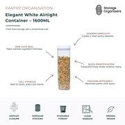 Elegant white 1600ml airtight food storage container with transparent body and secure side-lock sealing system, designed for modern pantry organisation. Tall stackable container keeps pasta, rice, grains, cereals, snacks and dry ingredients fresh while allowing easy identification of contents. Space-saving rectangular design maximises pantry shelf storage, creates a clean minimalist aesthetic and provides reliable airtight protection for long-lasting food freshness.