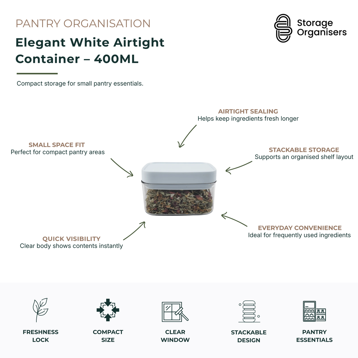 400ml elegant white airtight food storage container with a clear body and secure sealing lid designed for storing herbs, spices, tea, seasonings and small pantry essentials. The airtight closure helps maintain freshness, flavour and aroma while protecting contents from moisture and air exposure. Its compact size fits neatly into small pantry spaces, kitchen cupboards, shelves and drawers, making it ideal for organised storage in limited spaces. The transparent container allows quick identification of conten