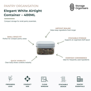 400ml elegant white airtight food storage container with a clear body and secure sealing lid designed for storing herbs, spices, tea, seasonings and small pantry essentials. The airtight closure helps maintain freshness, flavour and aroma while protecting contents from moisture and air exposure. Its compact size fits neatly into small pantry spaces, kitchen cupboards, shelves and drawers, making it ideal for organised storage in limited spaces. The transparent container allows quick identification of conten