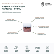 600ml white airtight food storage container with a clear body and secure seal for pantry organisation and fresh food storage. Compact, stackable design helps maximise shelf space while keeping nuts, snacks, spices, tea, coffee and dry ingredients visible and easy to access. Featuring a modern white lid, BPA-free construction and airtight closure to help preserve freshness, reduce clutter and create a clean, organised pantry aesthetic.