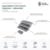 Expandable 3-tier drawer organiser with adjustable width, custom dividers and layered storage compartments for organised drawers. Multi-purpose drawer organisation system designed to maximise storage space, improve visibility and keep household items neatly sorted. Adjustable drawer organiser with three-tier access for fast item retrieval and efficient storage in kitchens, offices, bathrooms and utility areas.