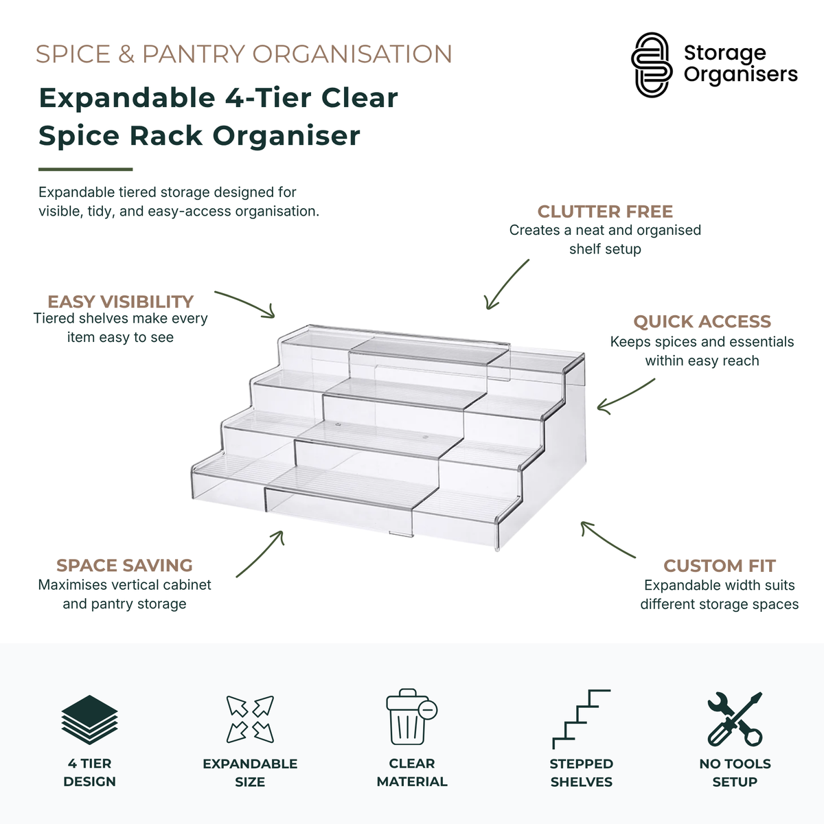 Expandable 4-tier clear spice rack organiser with stepped shelves for pantry and kitchen storage, designed for easy visibility, space-saving organisation, and quick access to spices and condiments