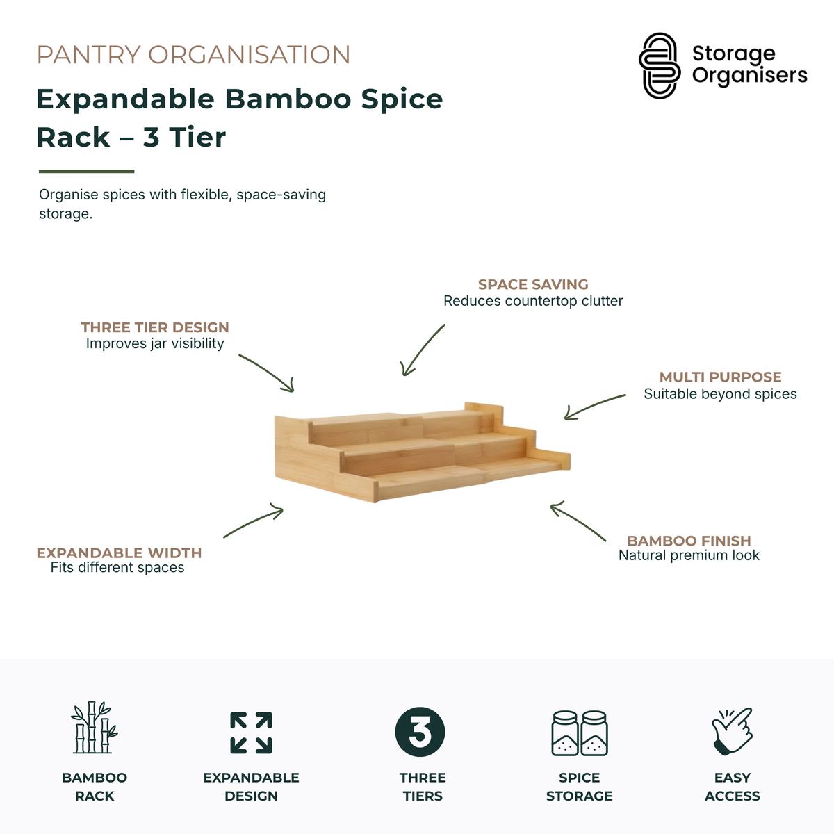 Expandable 3-tier bamboo spice rack organiser designed to maximise kitchen storage and improve spice jar visibility. Features an adjustable width to fit different cupboard, pantry and countertop spaces, stepped three-tier design for easy access, and durable natural bamboo construction with a premium finish. Ideal for organising spice jars, seasonings, herbs, condiments and small household items while reducing clutter and creating a tidy, organised pantry.
