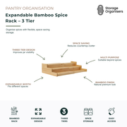 Expandable 3-tier bamboo spice rack organiser designed to maximise kitchen storage and improve spice jar visibility. Features an adjustable width to fit different cupboard, pantry and countertop spaces, stepped three-tier design for easy access, and durable natural bamboo construction with a premium finish. Ideal for organising spice jars, seasonings, herbs, condiments and small household items while reducing clutter and creating a tidy, organised pantry.