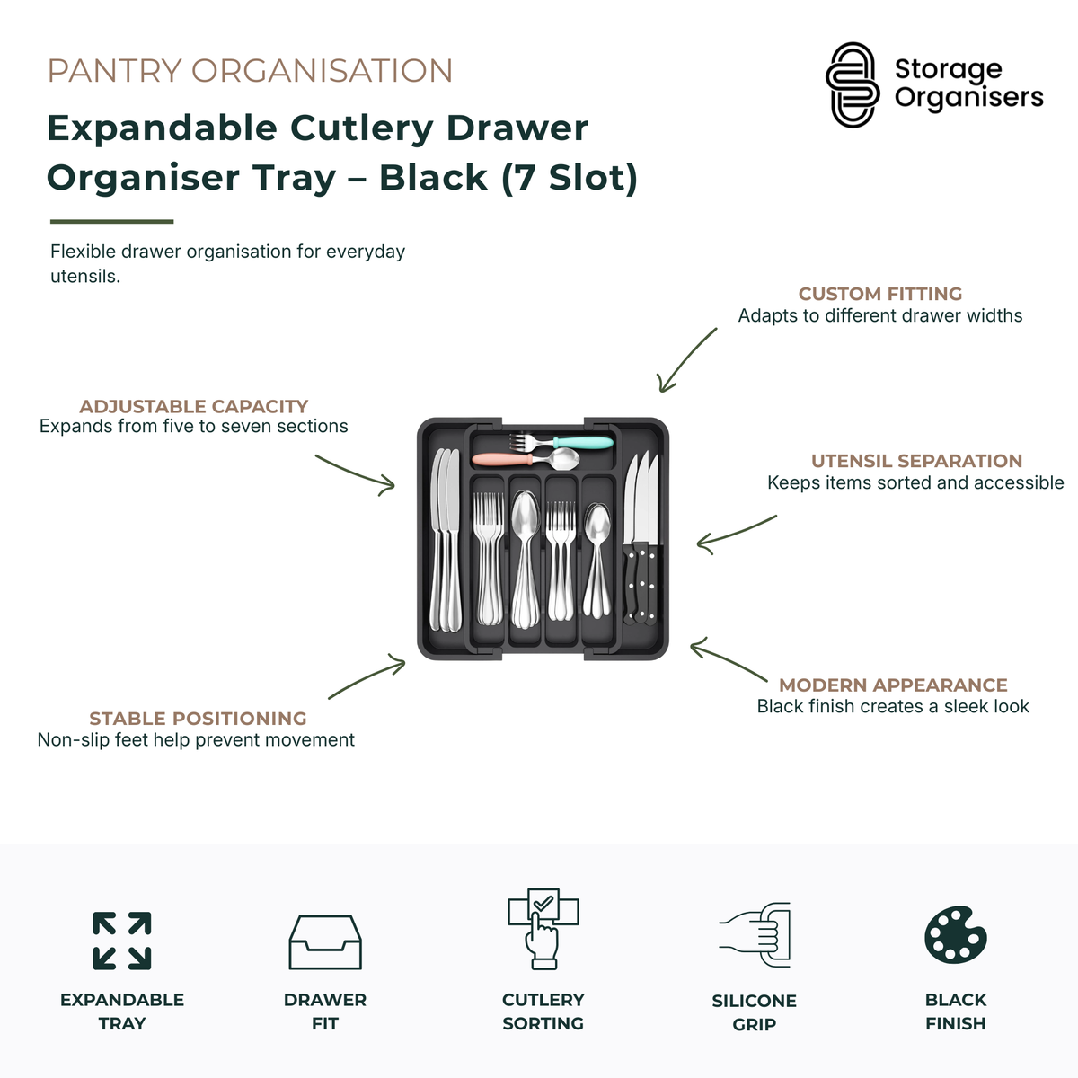 Expandable black cutlery drawer organiser tray with 7 adjustable compartments for kitchen utensil storage and drawer organisation. Designed to expand from five to seven sections, this cutlery tray adapts to different drawer widths while keeping forks, knives, spoons, serving utensils, and kitchen tools neatly separated and easy to access. Featuring a modern black finish and non-slip feet for stable positioning, this expandable drawer organiser helps maximise storage space, reduce clutter, and create a tidy,
