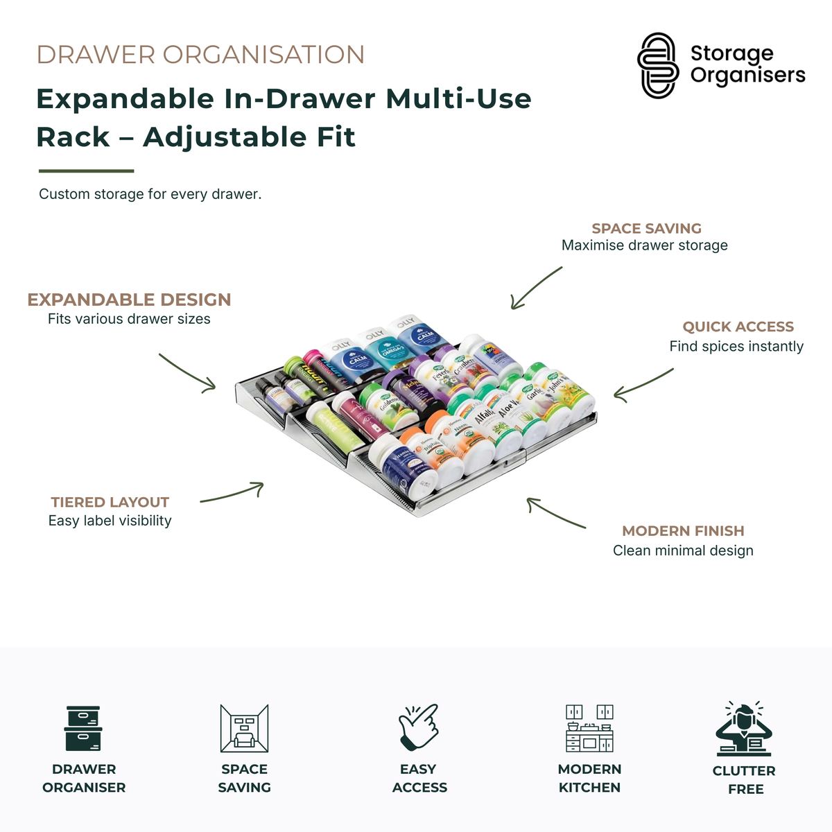 Expandable in-drawer multi-use rack with adjustable width and tiered design for organising spice jars, seasoning bottles, pantry packets, and everyday essentials. This space-saving drawer organiser features easy label visibility, quick access to stored items, and a modern expandable layout that fits a variety of kitchen, bathroom, office, and pantry drawer sizes.