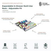 Expandable in-drawer multi-use rack with adjustable width and tiered design for organising spice jars, seasoning bottles, pantry packets, and everyday essentials. This space-saving drawer organiser features easy label visibility, quick access to stored items, and a modern expandable layout that fits a variety of kitchen, bathroom, office, and pantry drawer sizes.