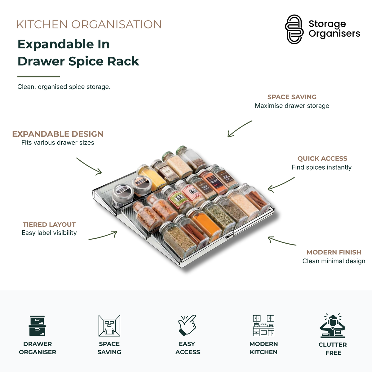 expandable in-drawer spice rack organiser with tiered spice jar storage for kitchen drawers and pantry organisation