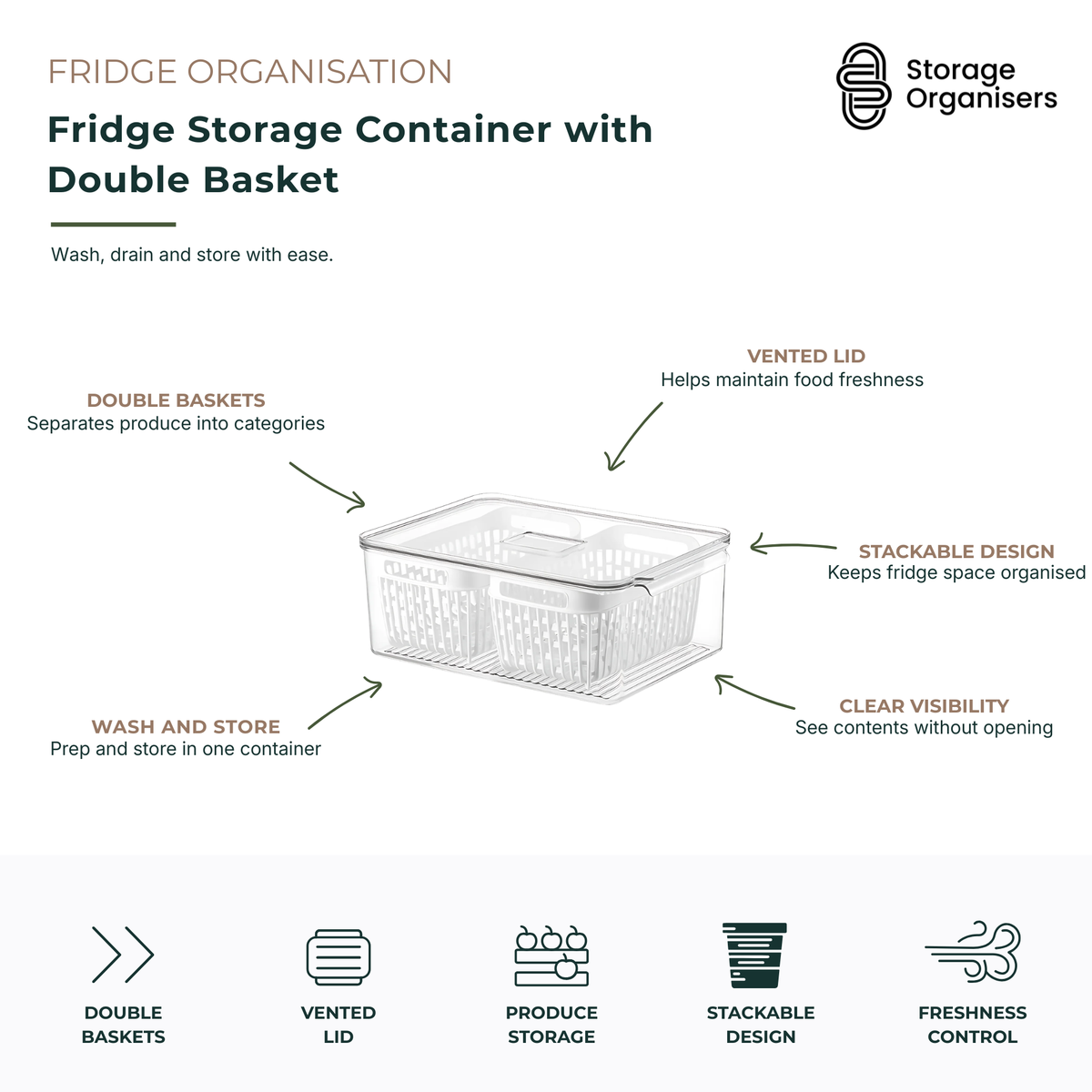 Clear fridge storage container with double removable baskets and vented lid, designed for washing, draining, and storing fresh produce in the refrigerator. The stackable food organiser features divided baskets for separating fruits and vegetables, while the transparent container allows easy visibility of contents. Ideal for fridge organisation, meal prep, freshness control, and maximising refrigerator storage space