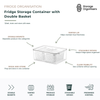 Clear fridge storage container with double removable baskets and vented lid, designed for washing, draining, and storing fresh produce in the refrigerator. The stackable food organiser features divided baskets for separating fruits and vegetables, while the transparent container allows easy visibility of contents. Ideal for fridge organisation, meal prep, freshness control, and maximising refrigerator storage space