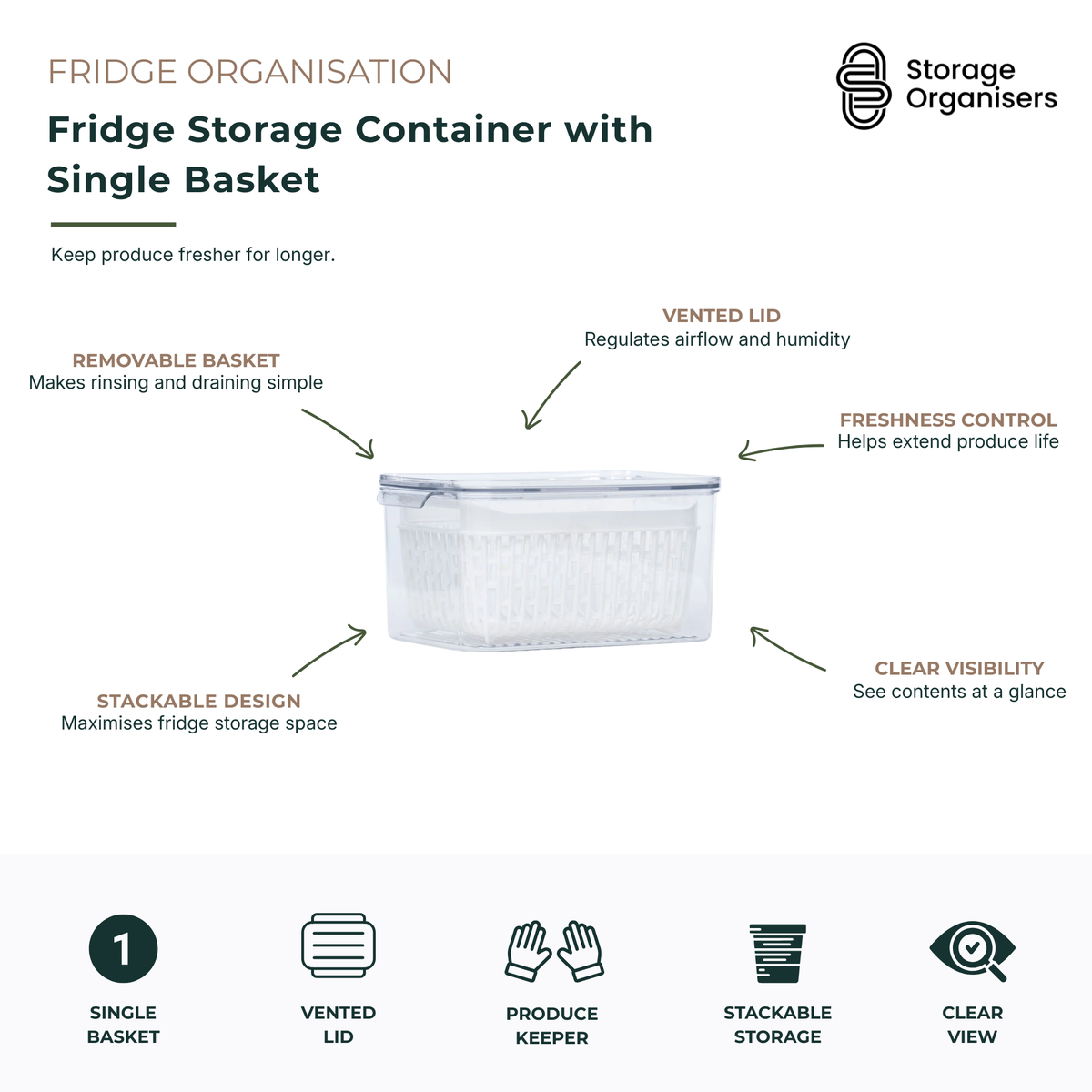 Clear fridge storage container with removable single basket and vented lid for keeping fruits and vegetables fresher for longer. This stackable produce storage container helps regulate airflow and humidity, making rinsing, draining, and storing fresh produce simple. The transparent design provides easy visibility of contents, while the food-safe container maximises refrigerator organisation and space efficiency for everyday fruit and vegetable storage.