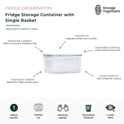 Clear fridge storage container with removable single basket and vented lid for keeping fruits and vegetables fresher for longer. This stackable produce storage container helps regulate airflow and humidity, making rinsing, draining, and storing fresh produce simple. The transparent design provides easy visibility of contents, while the food-safe container maximises refrigerator organisation and space efficiency for everyday fruit and vegetable storage.
