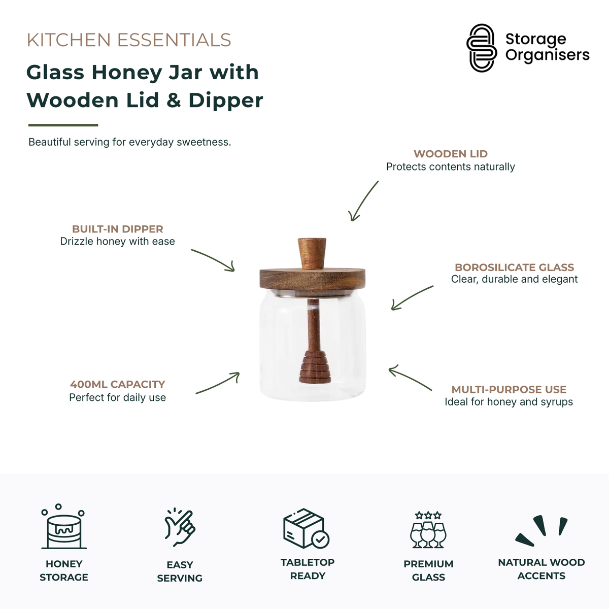 400ml glass honey jar with wooden lid and built-in honey dipper for elegant kitchen storage and serving. Premium borosilicate glass honey container with natural wood accents, ideal for storing and drizzling honey, syrups, agave, and sweeteners. Stylish tabletop honey pot designed for easy serving, freshness, and everyday kitchen use.