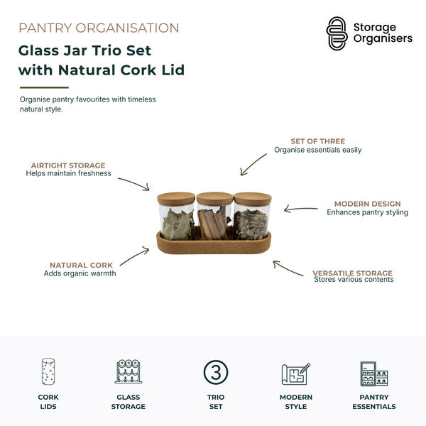 Glass jar trio storage set with natural cork lids and matching cork tray, designed to keep pantry essentials fresh, organised and beautifully displayed. Featuring three clear glass containers with airtight cork lids for storing tea, coffee, herbs, spices, snacks and dry ingredients while maintaining freshness. The coordinated cork base creates a tidy, modern presentation and adds natural warmth to kitchen benchtops, pantry shelves and coffee stations. Ideal for stylish pantry organisation, countertop storag