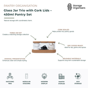Set of three 450ml glass storage jars with natural cork lids and matching cork tray, designed for stylish pantry organisation and countertop storage. Clear glass containers provide visibility of contents while cork lids help protect dry goods such as tea, coffee, spices, grains, snacks and pantry staples. Coordinated reusable storage set creates a clean modern display, keeps everyday essentials organised and adds natural warmth to kitchens, pantries and open shelving.