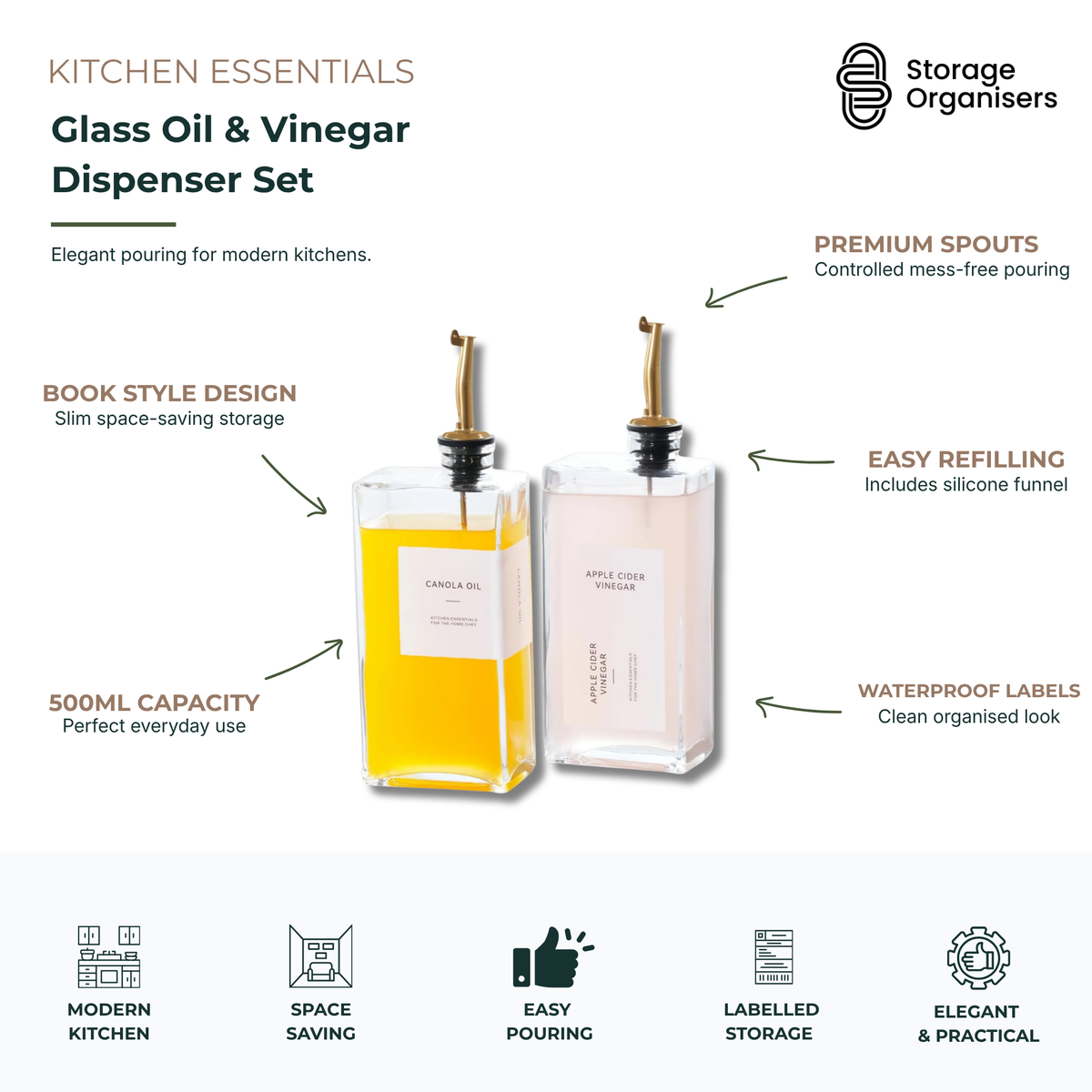 glass oil and vinegar dispenser set with premium pouring spouts, 500ml book-style kitchen bottles for olive oil, vinegar, and modern countertop storage