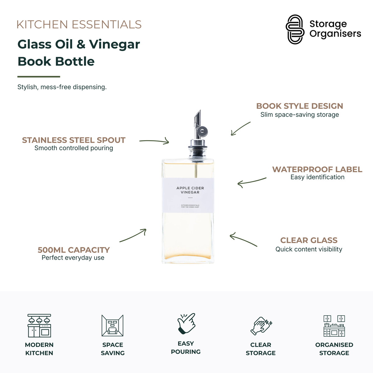 500ml glass oil and vinegar dispenser bottle with stainless steel pouring spout, book-style slim design, waterproof label, and clear glass body for organised kitchen storage and controlled pouring.