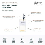 500ml glass oil and vinegar dispenser bottle with stainless steel pouring spout, book-style slim design, waterproof label, and clear glass body for organised kitchen storage and controlled pouring.
