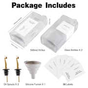 Glass Oil & Vinegar Dispenser Set – 2 Pack (500ml, Book Style) including oil spouts, funnel, and labels for kitchen organisation.