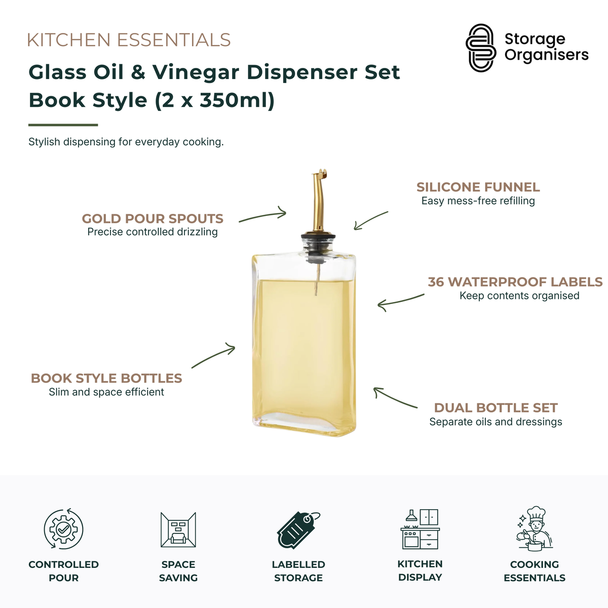 Book-style glass oil and vinegar dispenser set featuring two 350ml bottles with gold pour spouts, waterproof labels, and refill funnel. Space-saving kitchen storage solution for oils, vinegars, dressings, and everyday cooking essentials.