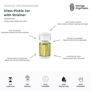 Glass pickle jar with built-in strainer and flip-to-drain design, allowing easy access to pickles, olives, jalapeños, preserved vegetables, and fermented foods without reaching into brine. Features a dual-chamber system that separates liquid from contents, a removable strainer for easy serving and cleaning, and a leakproof seal to help prevent spills. Ideal for refrigerator storage, food preservation, and mess-free access to pickled foods.