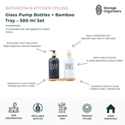 Set of two 500ml refillable glass pump bottles with matching bamboo tray, designed for stylish bathroom and kitchen organisation. Premium black and white glass dispensers are ideal for hand soap, dishwashing liquid, lotion, sanitiser, or body wash, while the bamboo display tray keeps countertops neat, organised, and clutter-free with a modern sink-side aesthetic.