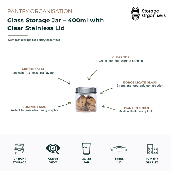 400ml glass storage jar with clear stainless steel lid and airtight seal, ideal for storing biscuits, snacks, spices, nuts, coffee, tea, and pantry essentials. Made from durable borosilicate glass with a transparent lid for quick content identification without opening. Compact, food-safe pantry storage container that helps lock in freshness and flavour while maintaining a clean, modern kitchen organisation system.