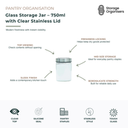 750ml glass storage jar with clear stainless steel lid and silicone seal for keeping pantry staples fresh and visible. Durable borosilicate glass canister designed for storing coffee, tea, sugar, grains, nuts and dry goods while providing airtight freshness protection. Modern pantry storage container with transparent top viewing, sleek stainless finish and reliable everyday food storage performance.