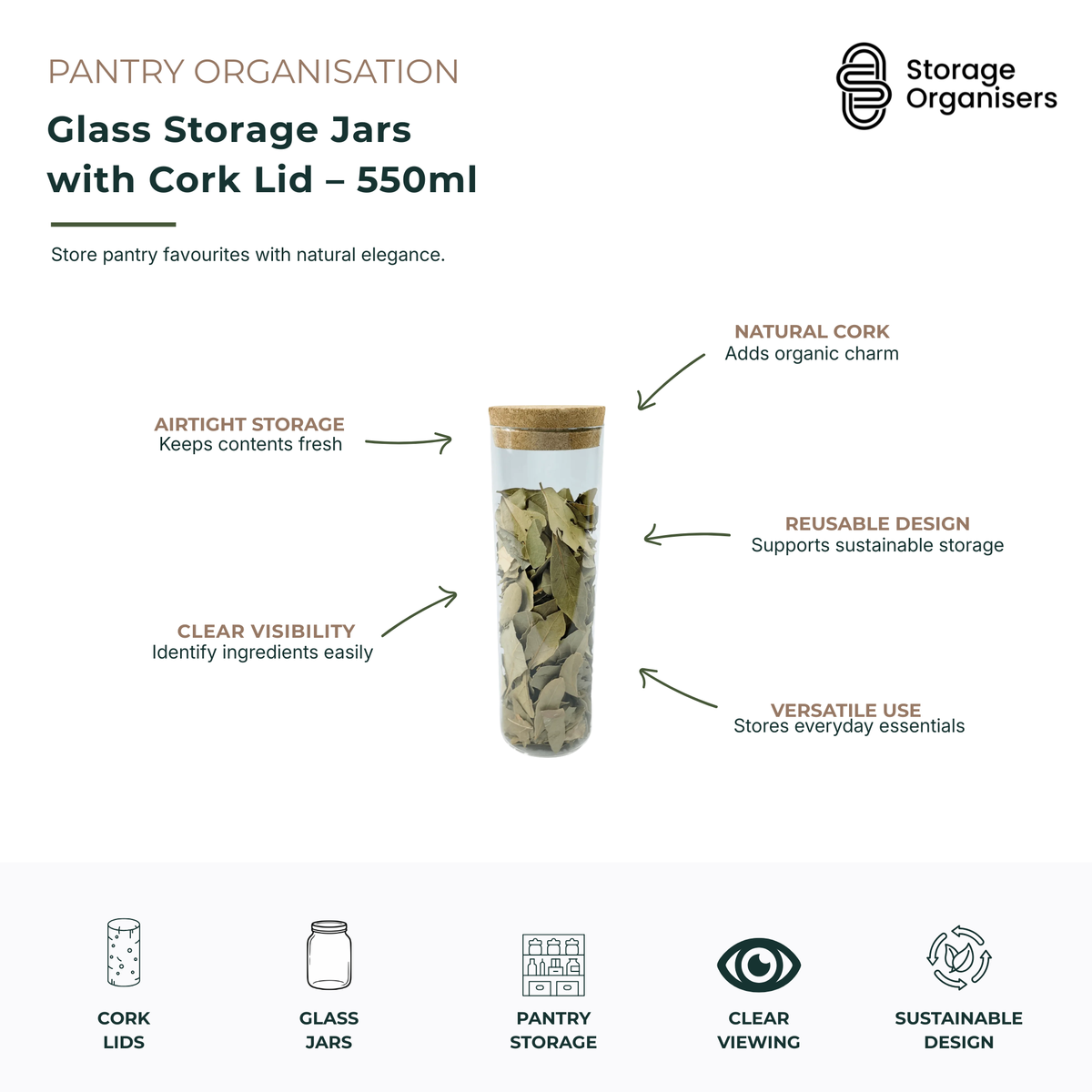 550ml glass storage jar with natural cork lid designed for stylish pantry organisation and everyday food storage. Featuring a clear glass body for easy visibility of contents and an airtight cork seal to help maintain freshness of tea, coffee, herbs, spices, nuts and dry ingredients. The reusable, minimalist design adds natural warmth to pantry shelves, kitchen benchtops and open storage displays while keeping essentials organised and easy to access. Ideal for sustainable pantry storage and modern kitchen o