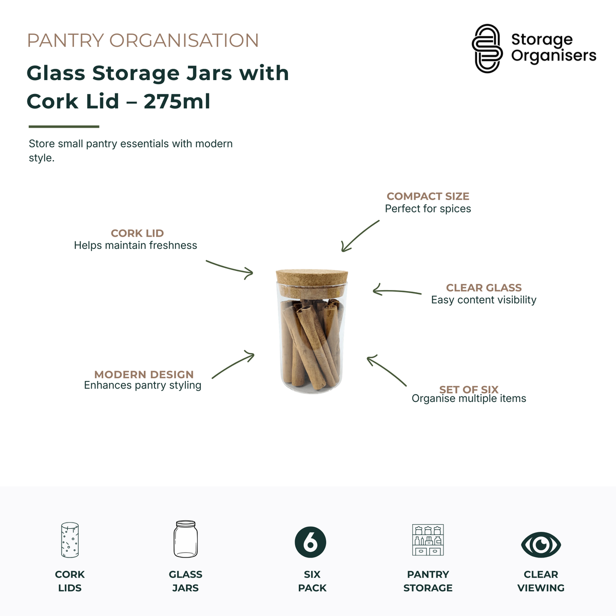 275ml glass storage jars with natural cork lids, ideal for organising spices, herbs, tea, seasonings, nuts and small pantry essentials. Featuring clear glass construction for easy content visibility and cork lids that help maintain freshness while adding a natural decorative touch. This six-piece pantry storage set combines compact sizing, modern styling and practical organisation for neat and accessible kitchen storage.