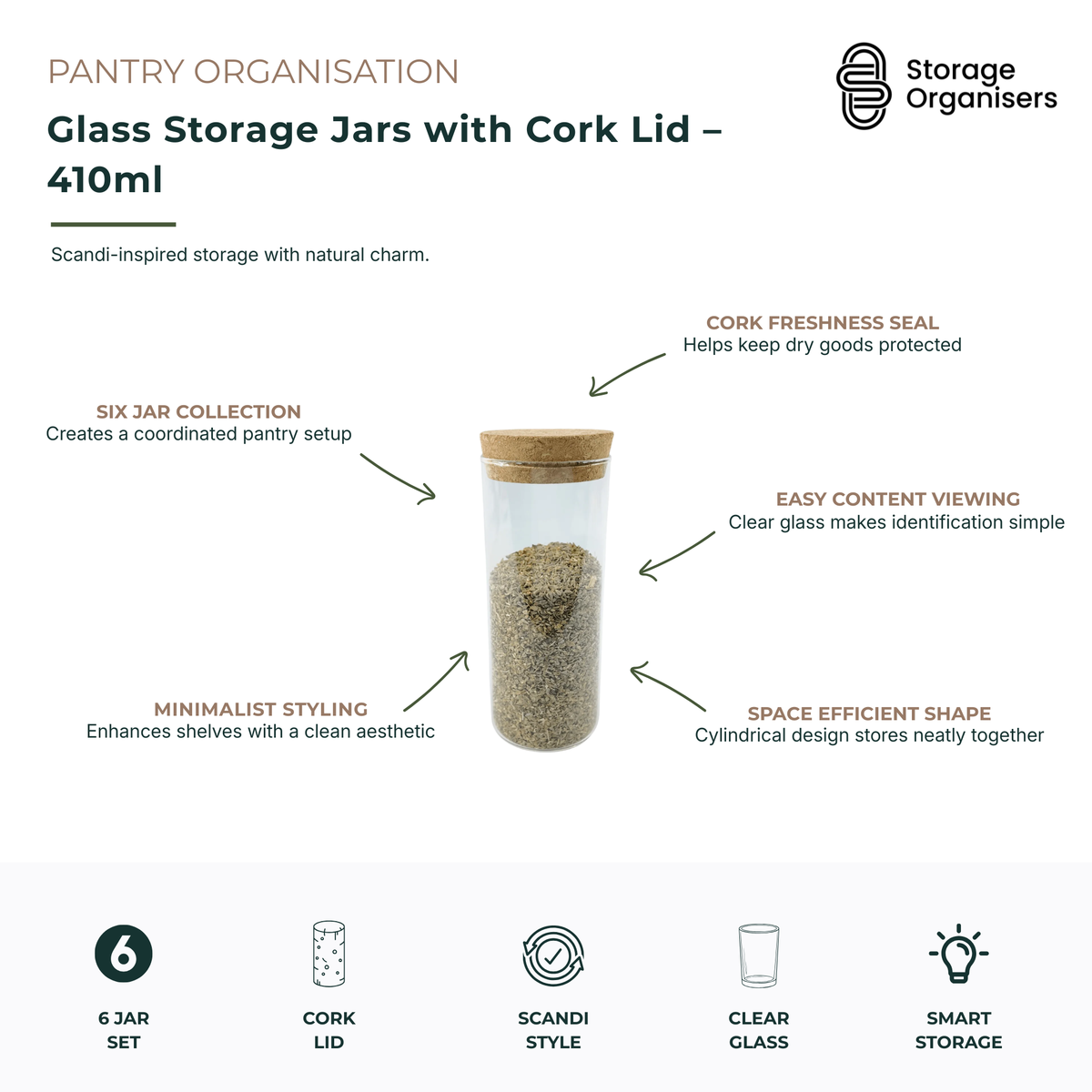 410ml glass storage jar with natural cork lid designed for stylish pantry organisation and everyday food storage. The clear glass body makes it easy to identify contents such as herbs, spices, tea, coffee, nuts, seeds and dry pantry ingredients at a glance. Featuring a snug cork lid that helps protect contents while adding a warm Scandinavian-inspired aesthetic, this compact storage jar combines functionality with minimalist design. Its cylindrical shape maximises shelf space and creates a coordinated pantr