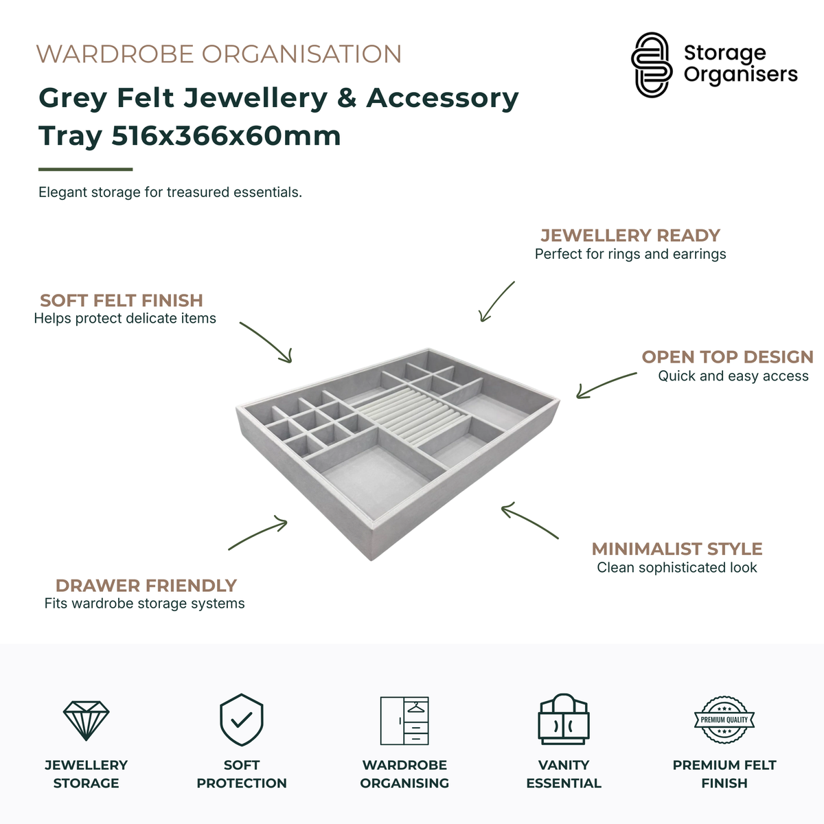 Grey felt jewellery and accessory tray organiser with multiple compartments for rings, earrings, bracelets, watches, and small accessories. Soft felt-lined drawer insert designed for wardrobe organisation, jewellery protection, and elegant storage in dressing tables and wardrobes.