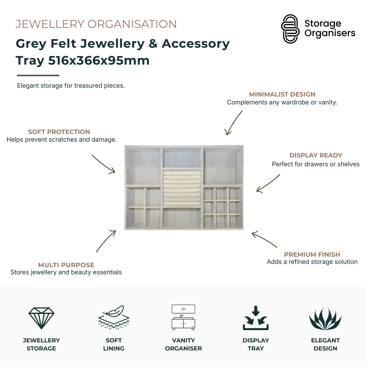 Grey felt jewellery and accessory organiser tray measuring 516 x 366 x 95 mm, featuring multiple compartments and ring rolls for storing rings, earrings, bracelets, watches, necklaces, cosmetics, and personal accessories. Soft felt lining helps protect valuables from scratches while keeping drawers, wardrobes, and vanity spaces neatly organised.