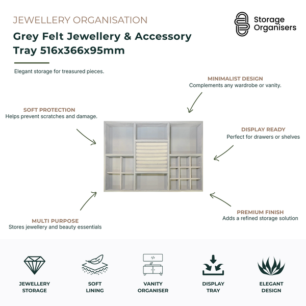 Grey felt jewellery and accessory organiser tray measuring 516 x 366 x 95 mm, featuring multiple compartments and ring rolls for storing rings, earrings, bracelets, watches, necklaces, cosmetics, and personal accessories. Soft felt lining helps protect valuables from scratches while keeping drawers, wardrobes, and vanity spaces neatly organised.