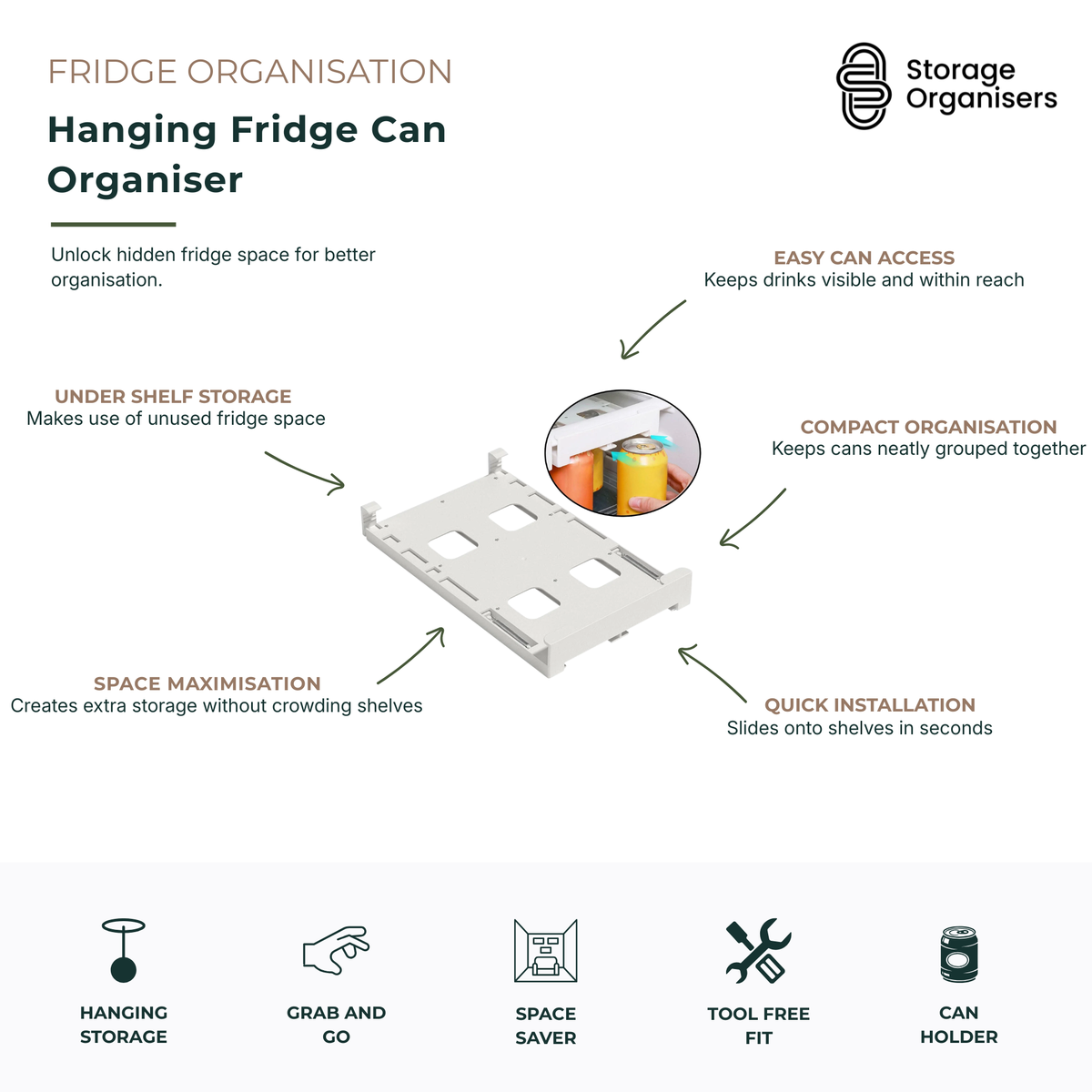 Hanging fridge can organiser designed to maximise unused under-shelf refrigerator space and keep beverage cans neatly stored and accessible. This slide-on fridge storage rack installs quickly without tools, creating additional storage beneath existing shelves while reducing clutter. Ideal for soft drink cans, sparkling water, energy drinks and canned beverages, the organiser keeps drinks visible, grouped together and easy to grab when needed. The compact under-shelf design helps optimise refrigerator capaci
